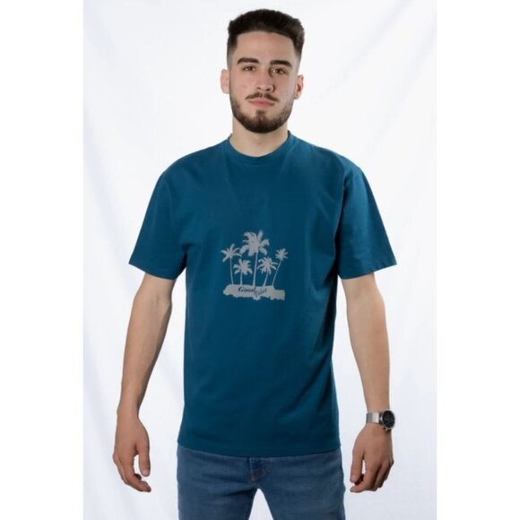 Tropical Graphic T-Shirt Mens Casual Short Sleeve Blue Palm Tree Print XL Read M - Picture 3 of 3